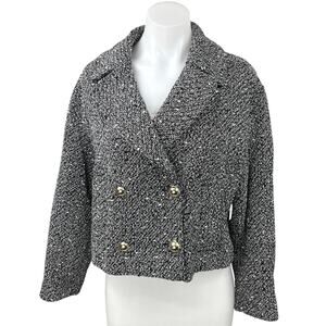 ZARA Black Textured Boucle Knit Tweed Double Breasted Crop Blazer Coat Jacket XS